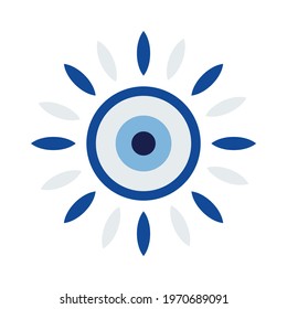 Blue eye. Turkish amulet against the evil eye. Guardian Nazar. An attribute of traditional magic. The blue sphere with rays looks like the sun. Vector graphics.