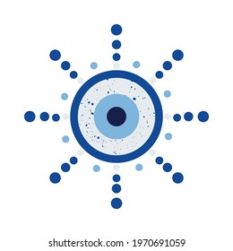 Blue eye. Turkish amulet against the evil eye. Guardian Nazar. An attribute of traditional magic. The blue sphere with rays looks like the sun. Vector graphics.