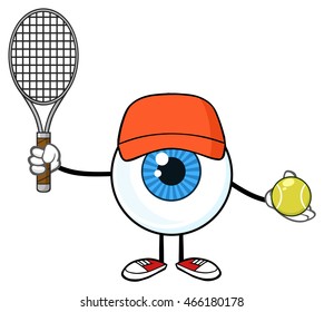 Blue Eyeball Guy Cartoon Mascot Character Holding A Tennis Ball And Racket. Vector Illustration Isolated On White Background