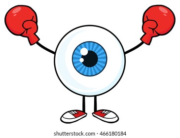 Blue Eyeball Guy Cartoon Mascot Character Wearing Boxing Gloves. Vector Illustration Isolated On White Background