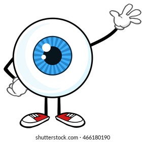 Blue Eyeball Guy Cartoon Mascot Character Waving For Greeting. Vector Illustration Isolated On White Background