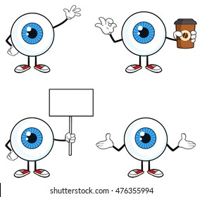 Blue Eyeball Guy Cartoon Mascot Character 2. Vector Collection Set Isolated On White Background