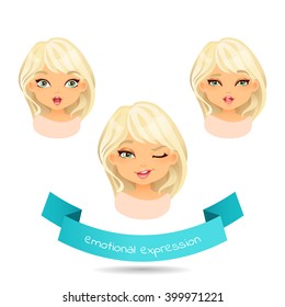 Blue eyed blonde with different facial expressions. Set of different emotion: winks, laugh, licking lips. Cartoon girl with different expressions of emotion. Vector illustration isolate on white.