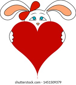 A blue eyed bunny with a red bow holding a red big heart, vector, color drawing or illustration.
