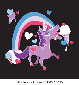 Blue eyed, purple unicorn licking an  icecream cone, with a rainbow and hearts in background