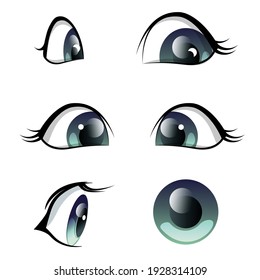 Blue eyes cartoon character, anime. Vector illustration of female, baby eyes isolated on background.