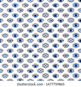 Blue eyes pattern in line style. Fashion background in 80s. Minimal design. Various open eyes. Line art.