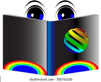 Blue eyes reading a book with a rainbow cover