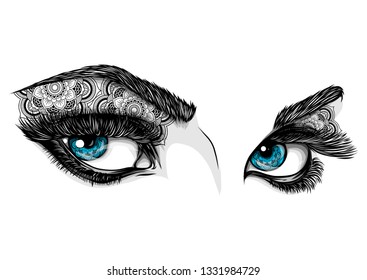 blue eyes of a woman with ornaments