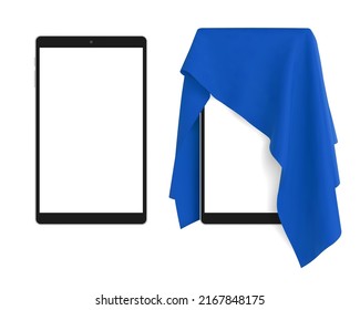 Blue Fabric Covering A Blank Portable Tablet Pad Gadget, And A Tablet. Concept Of New Release, Unveiling, Presenting Next Generation Tech, Vector Illustration, Isolated On White