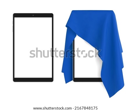 Blue fabric covering a blank portable tablet pad gadget, and a tablet. Concept of new release, unveiling, presenting next generation tech, Vector illustration, isolated on white Foto stock © 
