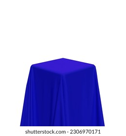 Blue fabric covering a cube or rectangular shape, isolated on white background. Can be used as a stand for product display, draped table. Vector illustration