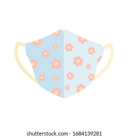 Blue fabric face mask with pink flower pattern  for protect dust PM2.5, anti pollution or Coronavirus isolated on white background.