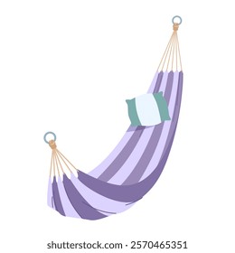 Blue fabric hammock with pink blanket hanging on two rings. Wool comfort wrap with fringe and hammock for summer recreation and rest in nature, suspended bed for sleeping cartoon