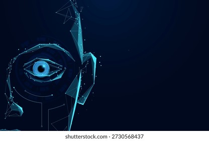 O rosto azul com um olho azul é mostrado em um fundo escuro. O olho é grande e proeminente, futurista e abstrato, com um baixo polígono e design de arames
