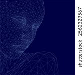 Blue face with a lot of lines and dots. The face is blurry and the background is dark blue