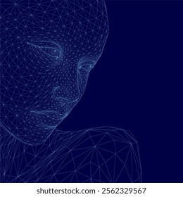 Blue face with a lot of lines and dots. The face is blurry and the background is dark blue