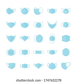 Mascarillas azules conjunto diseño de atención médica y cóvido tema del virus 19 Ilustración vectorial