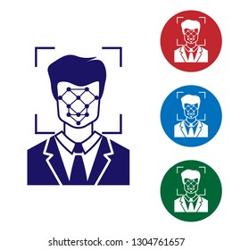 Blue Face recognition icon isolated on white background. Face identification scanner icon. Facial id. Cyber security concept. Vector Illustration