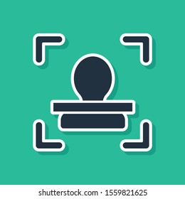Blue Face recognition icon isolated on green background. Face identification scanner icon. Facial id. Cyber security concept.  Vector Illustration