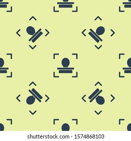 Blue Face recognition icon isolated seamless pattern on yellow background. Face identification scanner icon. Facial id. Cyber security concept.  Vector Illustration