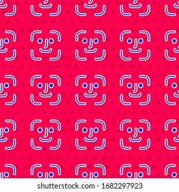 Icono de reconocimiento de cara azul aislado sin fisuras en fondo rojo. Icono del escáner de identificación de cara. Concepto de ciberseguridad facial. Ilustración vectorial