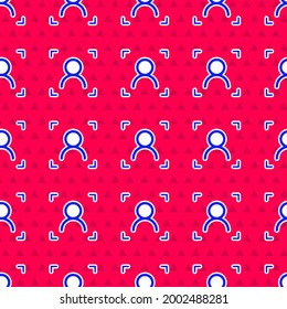 Blue Face recognition icon isolated seamless pattern on red background. Face identification scanner icon. Facial id. Cyber security concept.  Vector