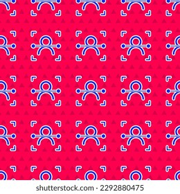 Blue Face recognition icon isolated seamless pattern on red background. Face identification scanner icon. Facial id. Cyber security concept.  Vector