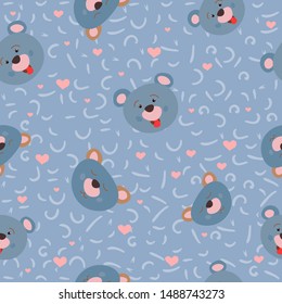 Blue faces of cute bears with jam. Wild forest animals. Children's design. Seamless pattern. Vector illustration.