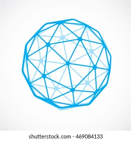 Blue faceted orb created from triangles, dimensional vector sphere. Low poly geometric design element for use in engineering and technology.