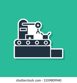 Blue Factory conveyor system belt with cardboard boxes engineering machine icon isolated on green background. Robot industry concept.  Vector Illustration