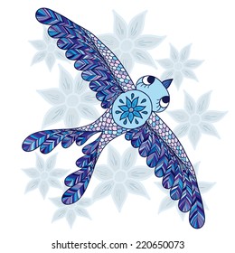 blue fairy cartoon bird flying over big flowers vector illustration