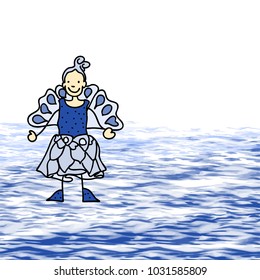 Blue fairy walking on water. Hand-drawn sketches doodles in beautiful outfits and costumes. Happy childhood icons.