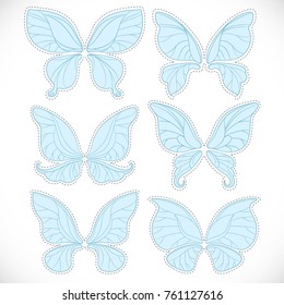 Blue fairy wings different form with dotted outlines for cutting set isolated on a white background