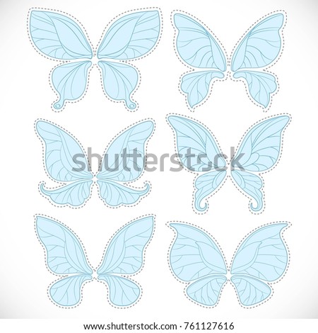Blue fairy wings different form with dotted outlines for cutting set isolated on a white background