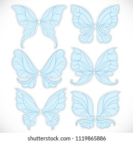 Blue fairy wings with dotted outline for cutting set 2 isolated on a white background