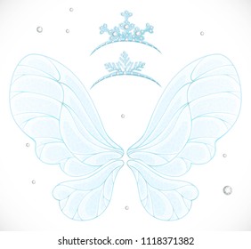 Blue fairy winter wings with snow tiaras bundled isolated on a white background