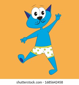 Blue fairytale cartoon cat on orange or white background. Illustration for books, postcard, print.