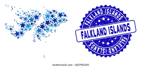 Blue Falkland Islands map composition of stars, and grunge rounded seal. Abstract territory scheme in blue color tinges. Vector Falkland Islands map is designed of blue stars.