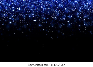 Blue falling particles on black background, horizontal orientation. Vector