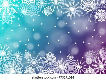 Blue falling snow background.  Snowflakes abstract. Winter thunder. Vector illustration
