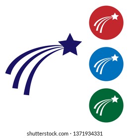 Blue Falling star icon isolated on white background. Shooting star with star trail. Meteoroid, meteorite, comet, asteroid, star icon. Set color icon in circle buttons. Vector Illustration