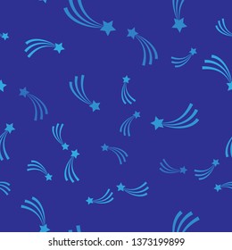 Blue Falling star icon isolated seamless pattern on blue background. Shooting star with star trail. Meteoroid, meteorite, comet, asteroid, star icon. Vector Illustration