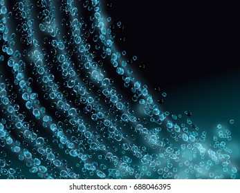 Blue falling water with air bubbles.The flow of flying water droplets on a black background