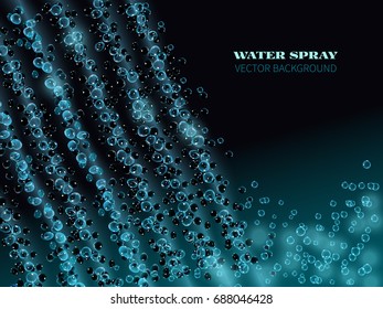 Blue falling water with air bubbles.The flow of flying water droplets on a black background.Vector illustration of water drops,spray