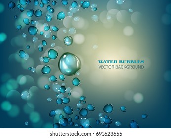 Blue falling water with air bubbles.The flow of flying water droplets on a blue background.Vector illustration of water drops
