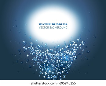 Blue falling water with air bubbles.The flow of flying water droplets on a blue background.Vector illustration of water drops