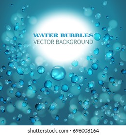 Blue falling water with air bubbles.The flow of flying water droplets on a blue background.Vector illustration of water drops