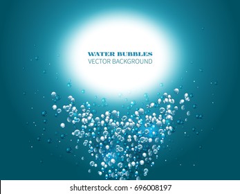 Blue falling water with air bubbles.The flow of flying water droplets on a blue background.Vector illustration of water drops