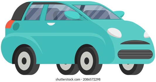 Blue family car for driving on road. Transport for traveling and city trips. Flat automobile with isolated white background vector. Modern car design transport and equipment , vehicle sedan side view